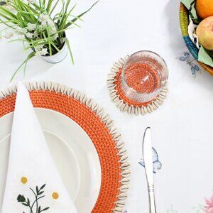 NEW Set of 4-Premium Coasters-Seashell-Trimmed Rattan-Orange-Eco Handcraft